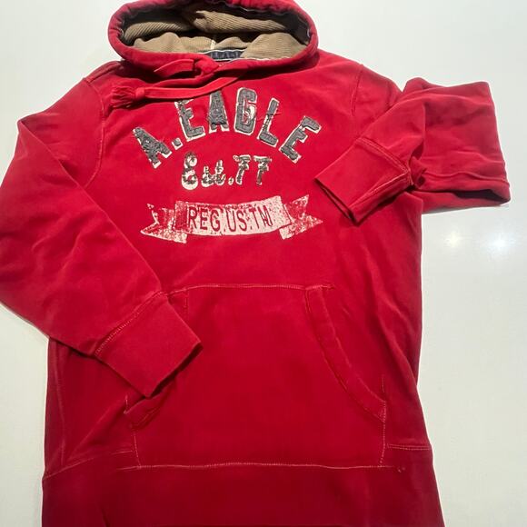American Eagle 77 Red Hoodie Sweatshirt Distressed Men's Large‎ Eagle Fleece - Picture 2 of 7